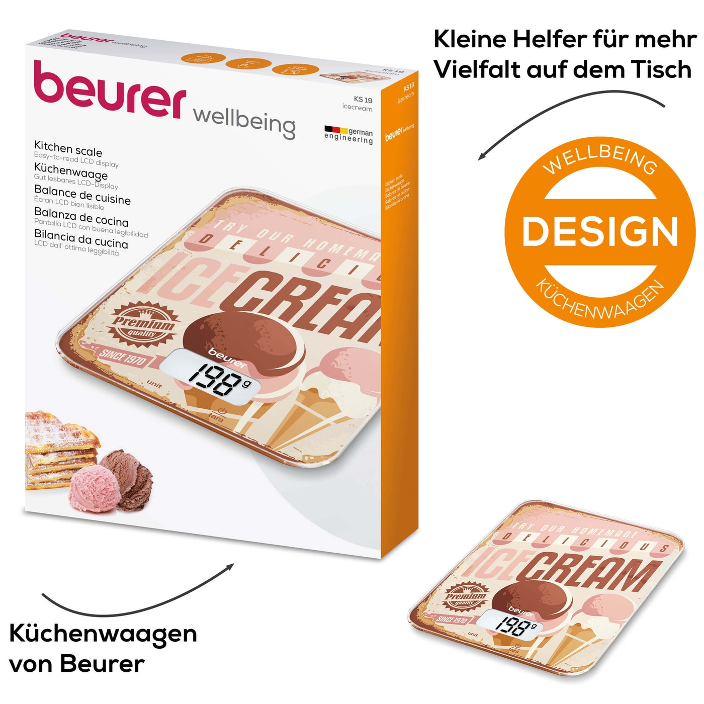 Beurer Küchenwaage KS 19 Ice Cream-Küchenwaage mit stylischer Glasoberfläche & Tarafunktion