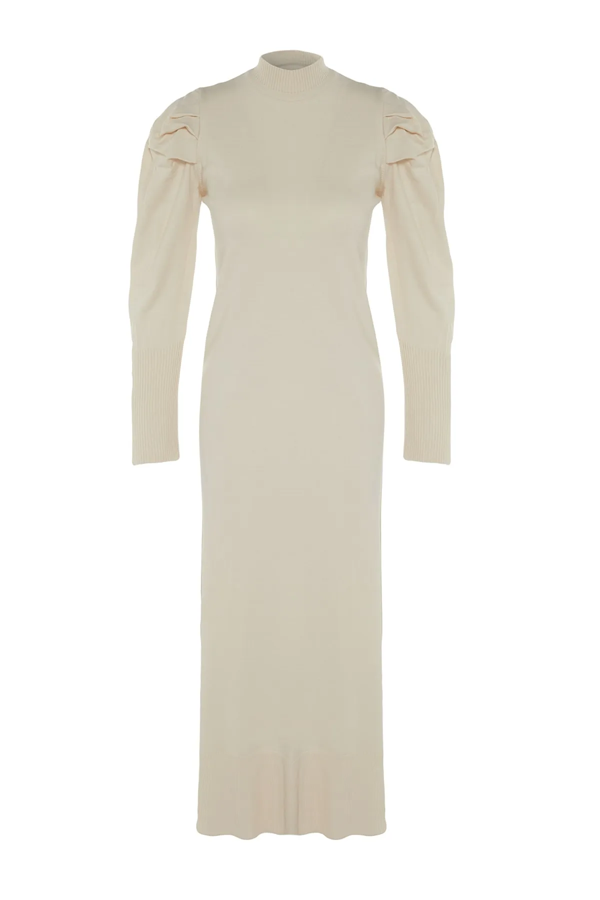 Trendyol Modest  Steinfarbenes Strickkleid mit Rundhalsausschnitt und gerafften Schultern TCTAW23EB00047