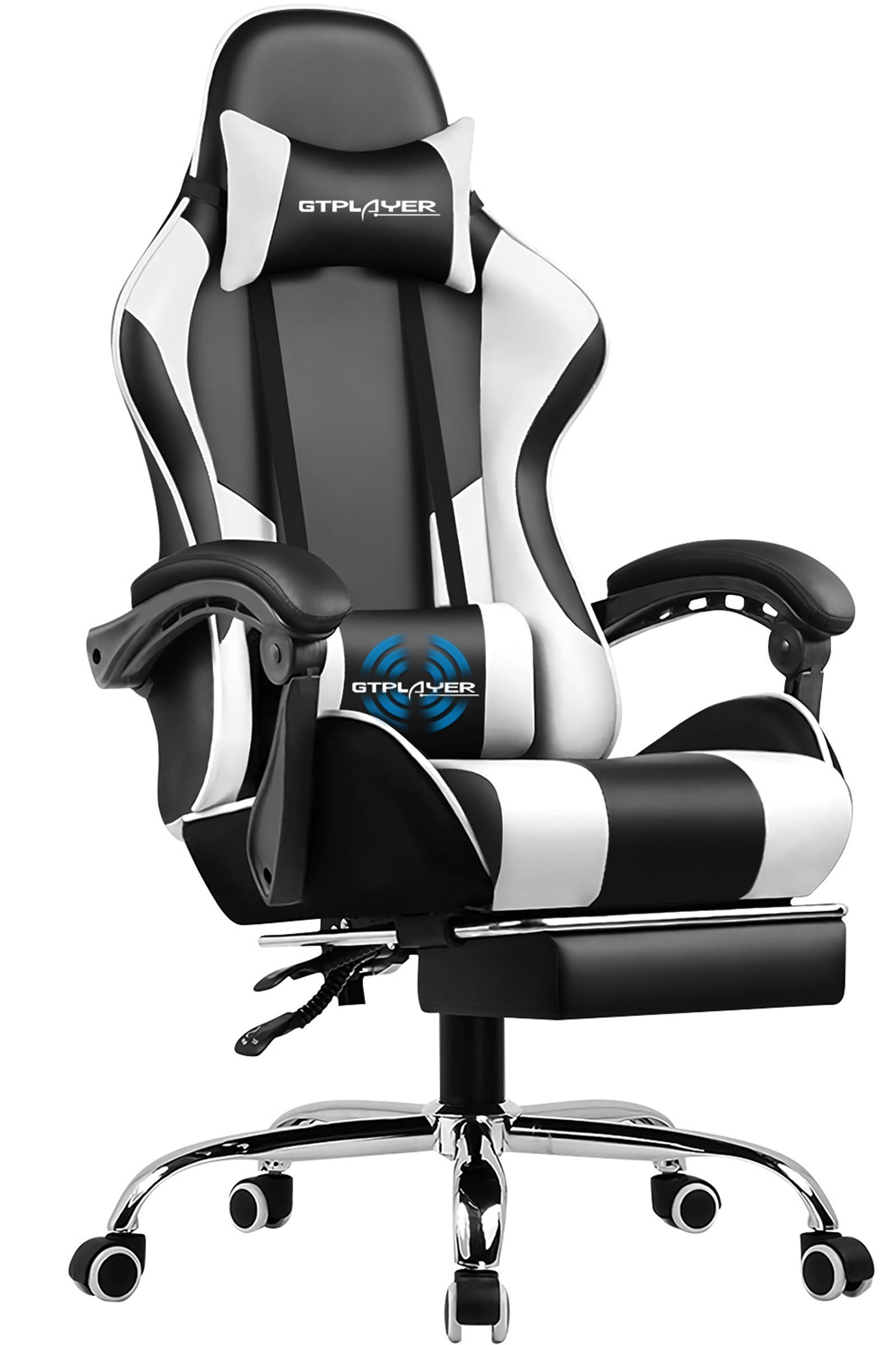 GTPLAYER Gaming-Stuhl mit Fußstütze und Massage-Lendenkissen Bürostuhl Zocker Stuhl, mit Verbindungsarmlehnen bis 120kg belastbar, Hohe Rückenlehne
