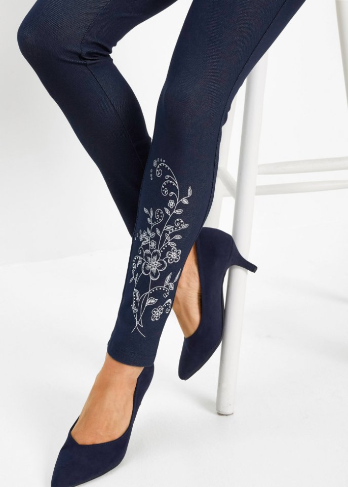 Thermojeggings mit Blütendruck und Glitzersteinen