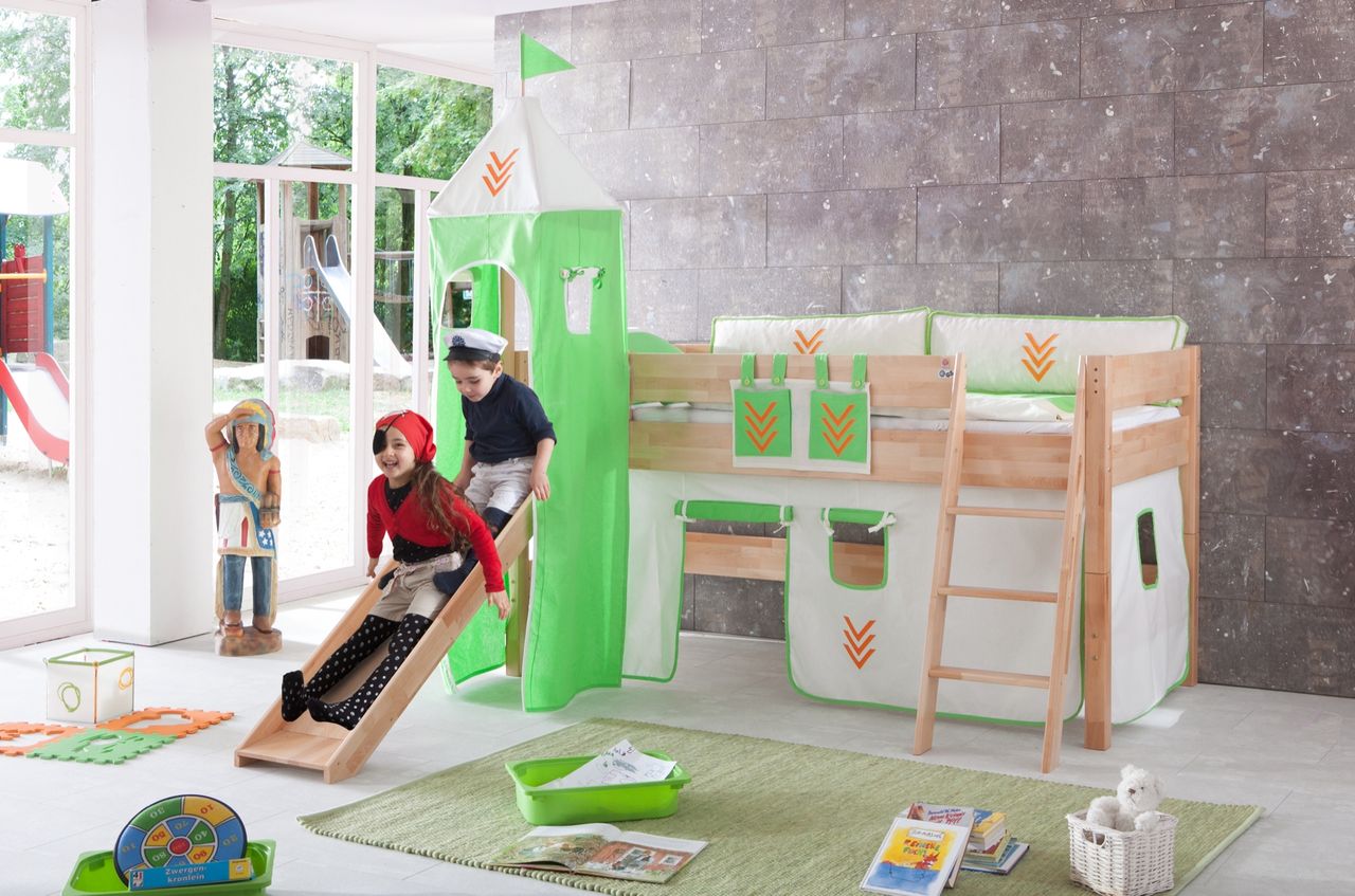Relita Spielbett KIM 90x200 cm, mit Rutsche,Turm Buche massiv natur lackiert Stoffset Beige/Grün
