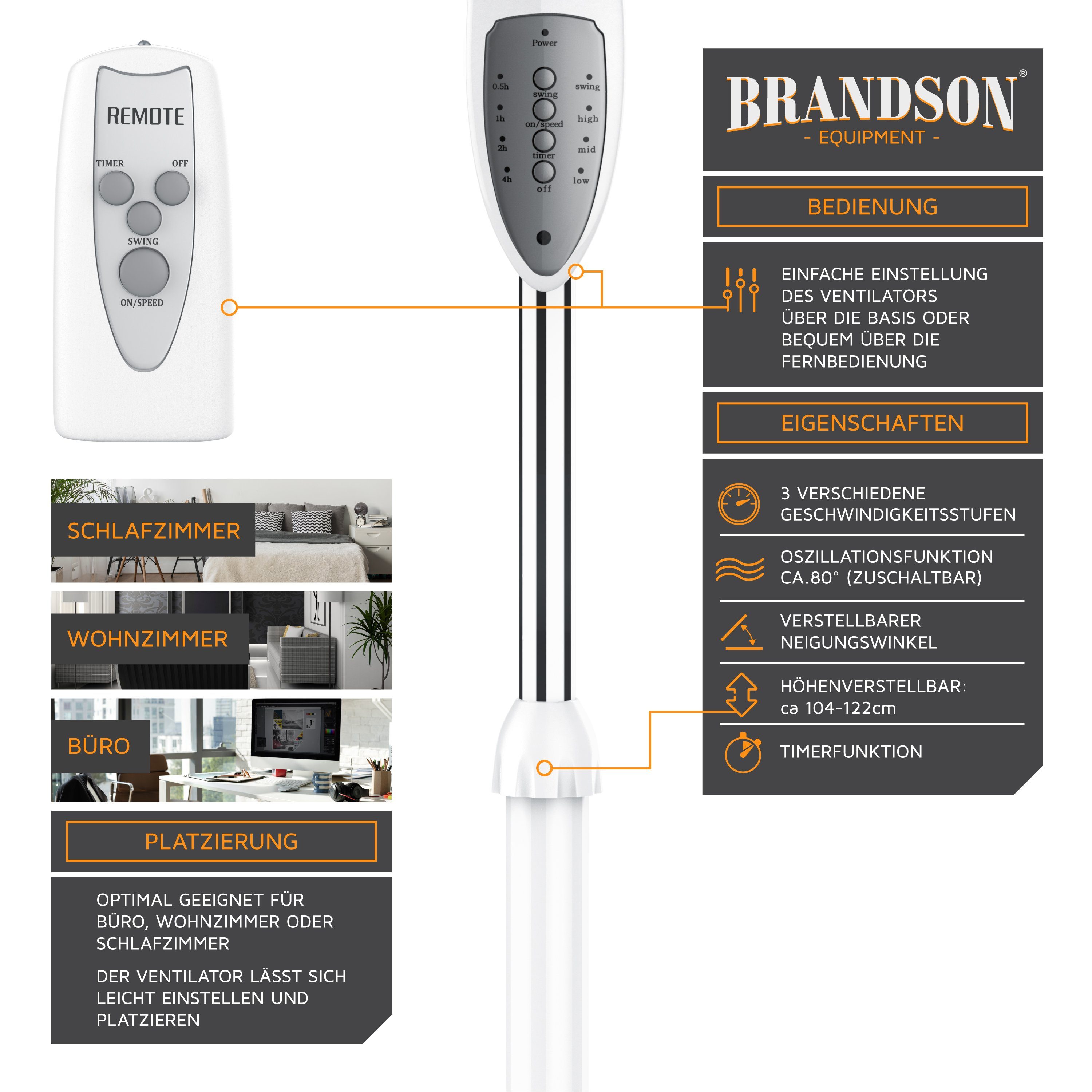 Brandson Standventilator, 42 cm Durchmesser, Standlüfter mit Fernbedienung, Neigbar 30°, 50W, Oszillation 80°