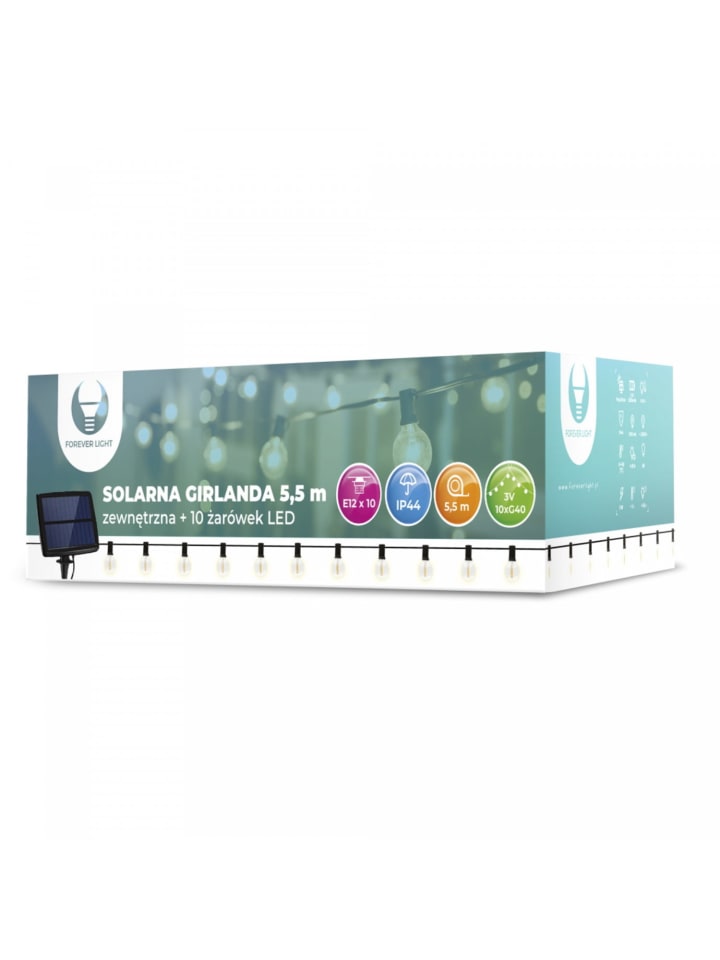 Forever Lights LED Solar Girlande 5,5m   10 LED Birnen Glühfaden in Schwarz günstig kaufen 540 cm