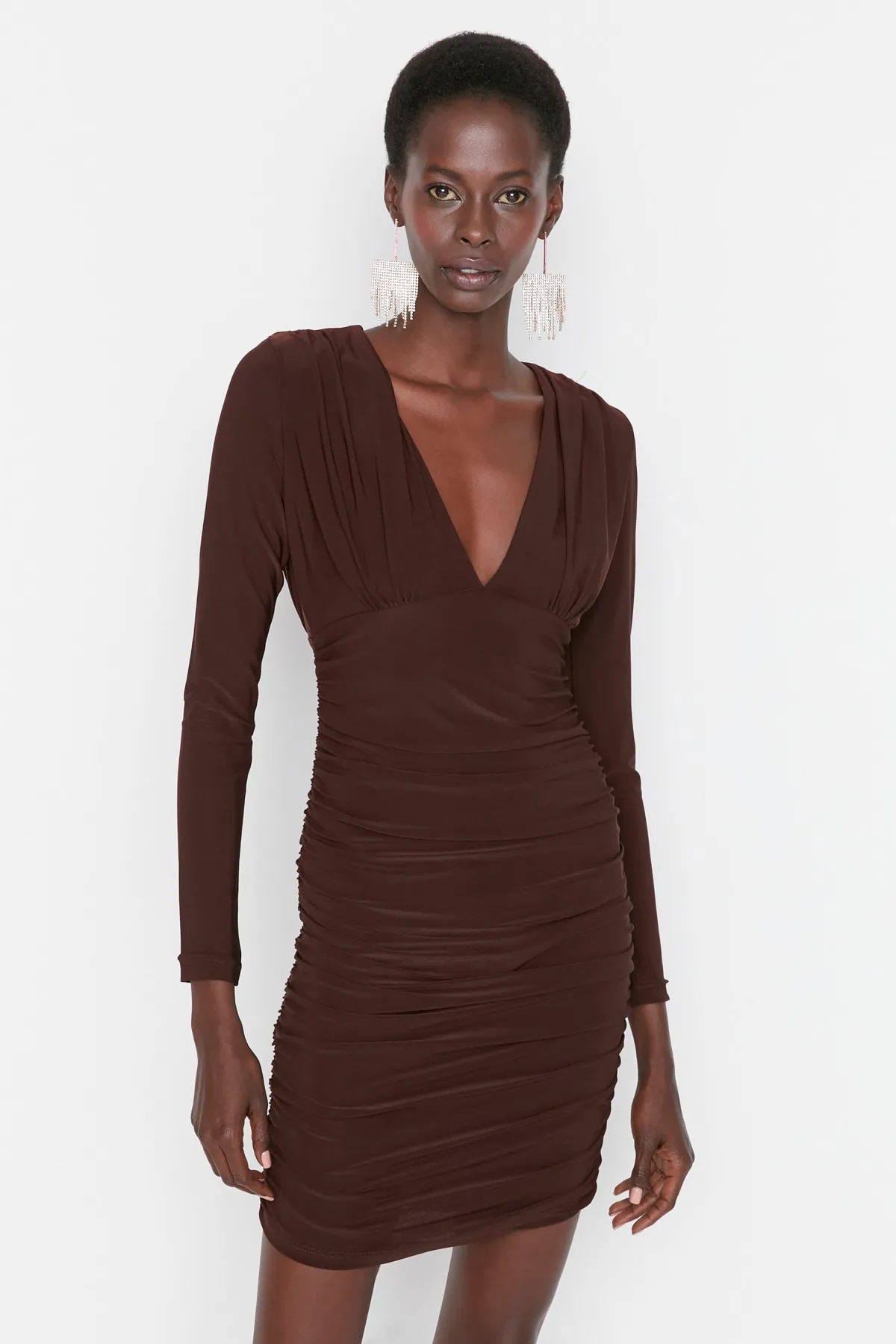 Trendyol Collection  Dunkelbraunes drapiertes Abendkleid TPRAW22EL1069