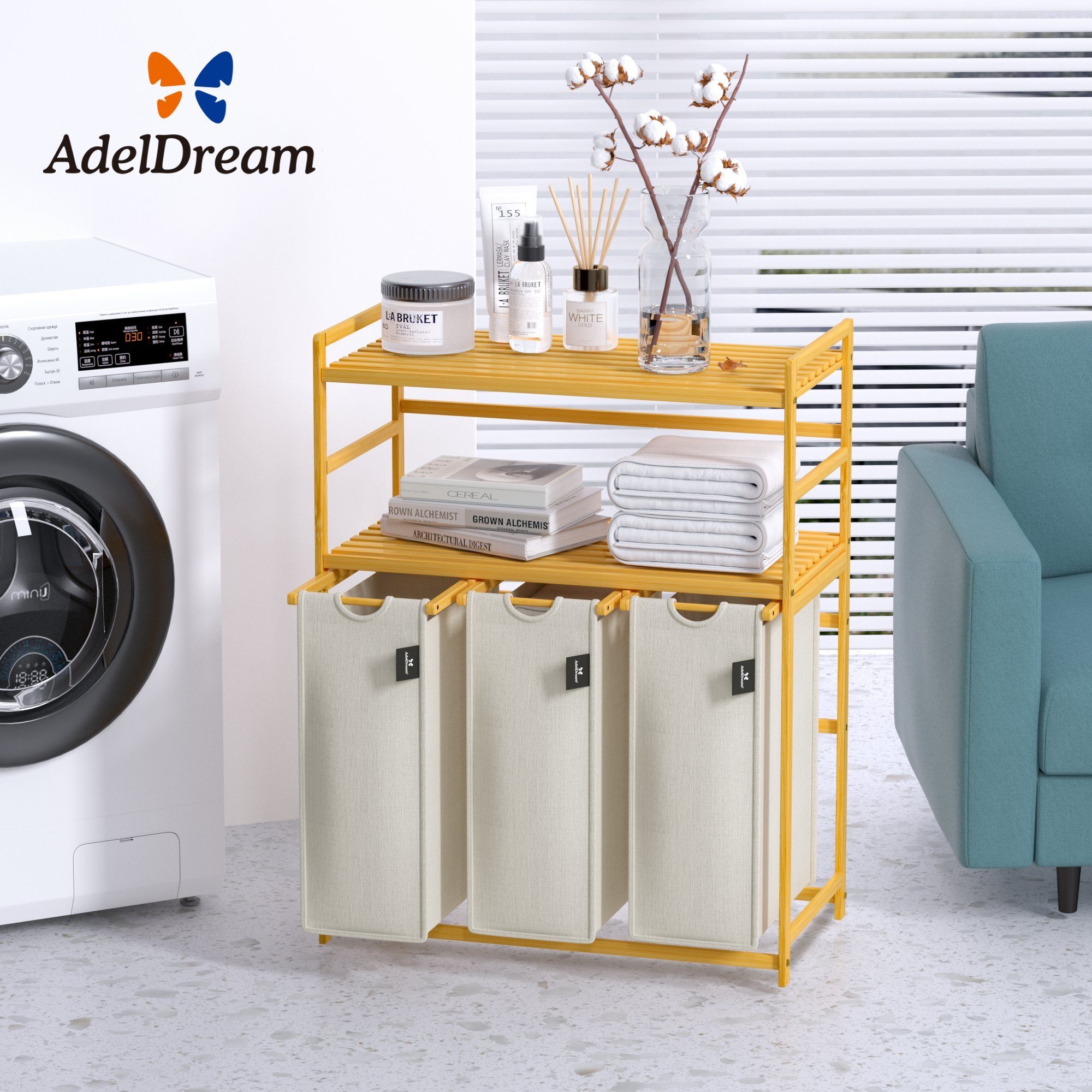 AdelDream Wäschekorb 150 l, 3 Fächer, 2 Regale Wäschesortierer