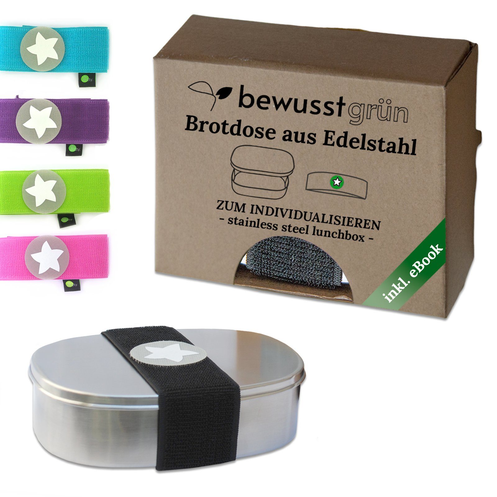 BewusstGrün Lunchbox DottyBox Edelstahl Brotdose mit Fächern für Kinder, DottyBox mit Steg, (Original DottyBox-System mit Klettband), Personalisierbare Brotdose für Kindergarten und Schule