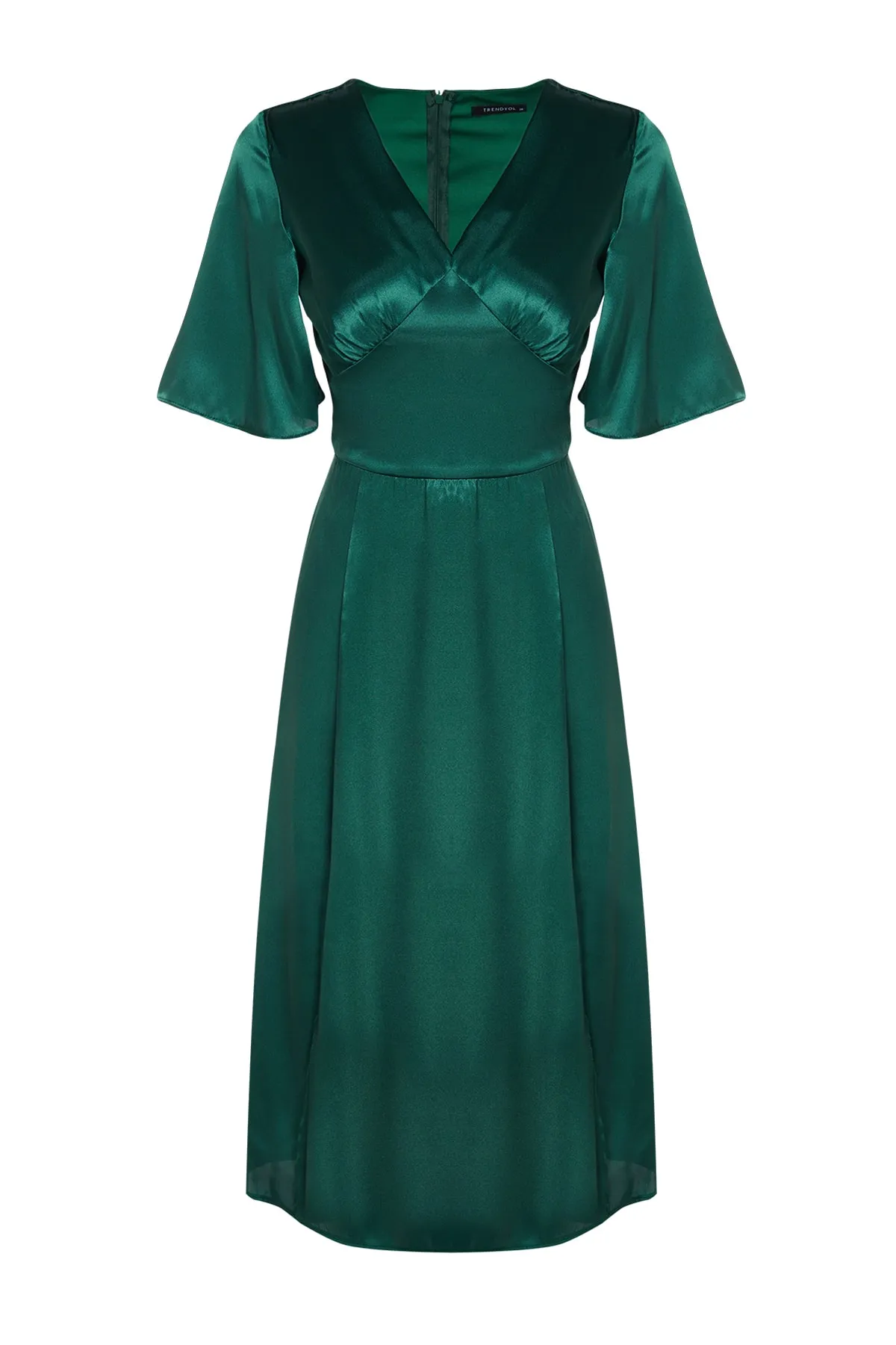 Trendyol Collection  Grünes gerade geschnittenes Midikleid aus gewebtem Satin mit V-Ausschnitt und Schlitz TWOSS23EL00866
