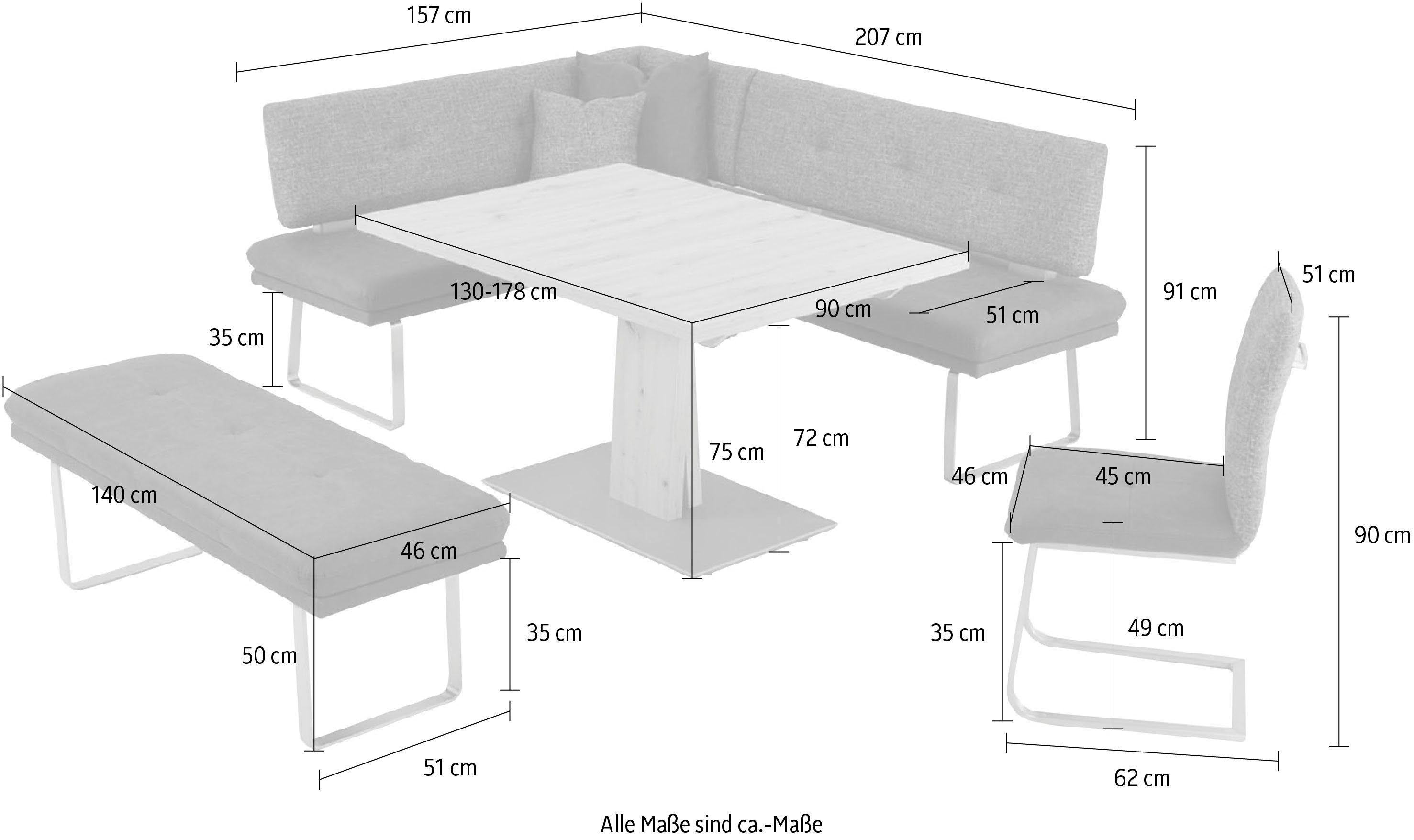 K+W Komfort & Wohnen Eckbankgruppe Giacomo II, (4-tlg), wahlweise rechts oder links, langer Schenkel 207cm, 1 Freischwinger