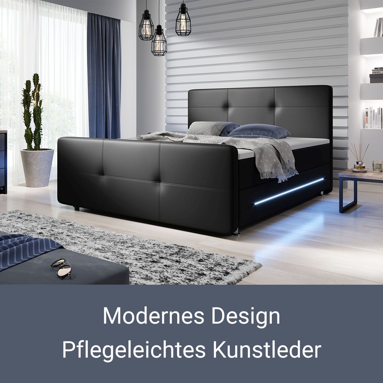 Juskys Boxspringbett Oakland, 140x200 cm, Doppelbett mit Topper, Kopfteil und LED-Beleuchtung