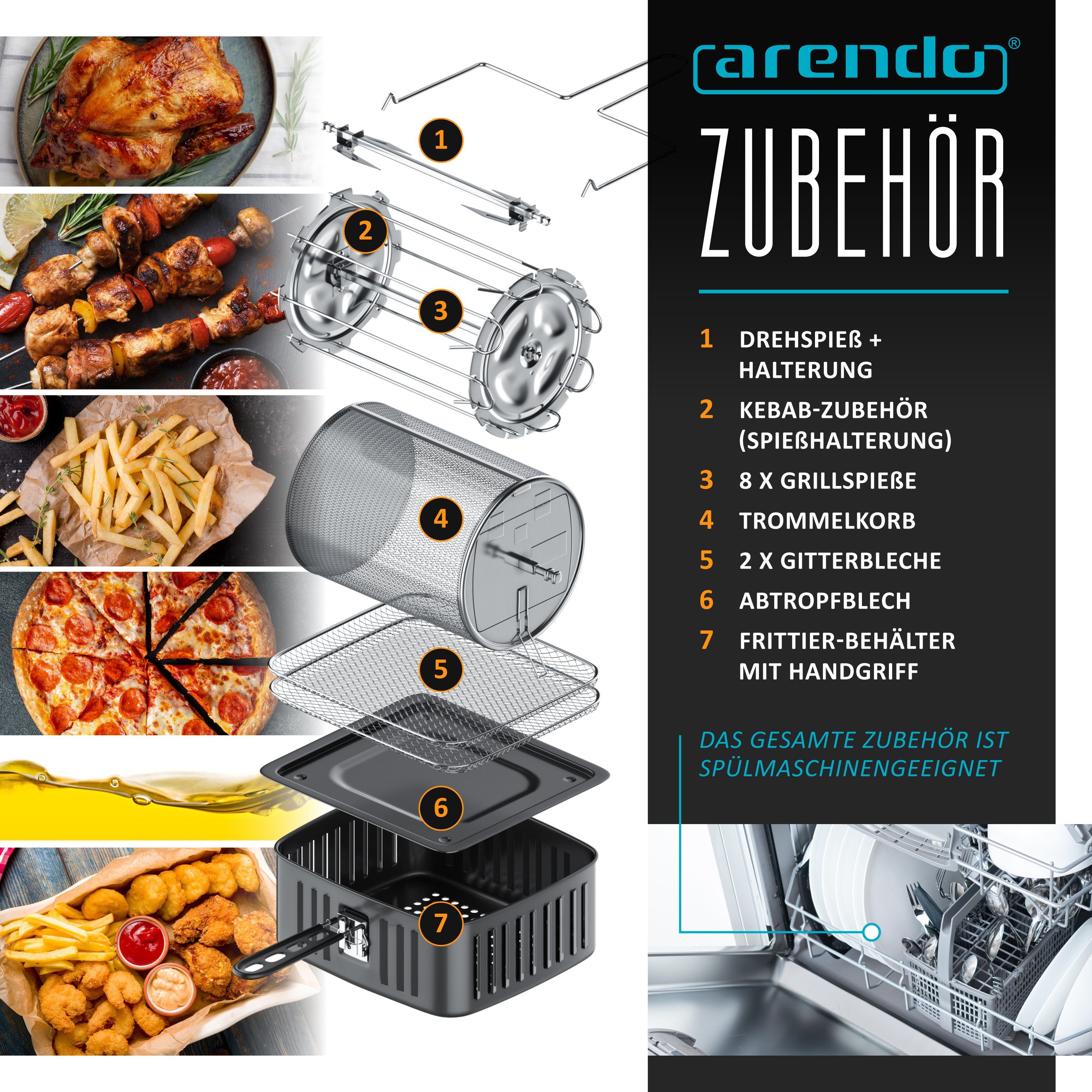 Arendo Heißluftfritteuse, 1800 W, Airfryer, Edelstahl Mini Backofen, Umluft Heissluftfritteuse, BPA frei