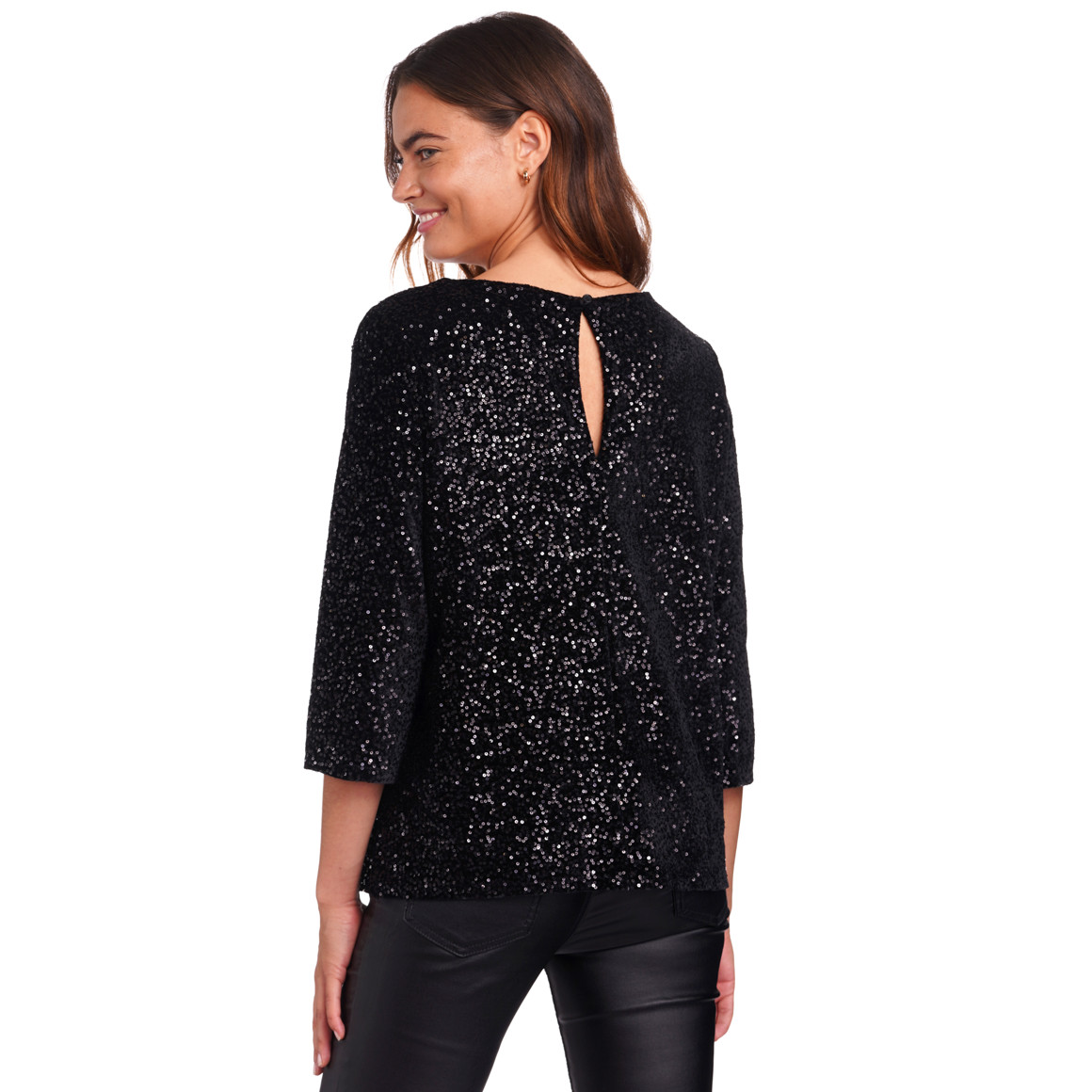 Damen Paillettenshirt mit Cut-out im Nacken