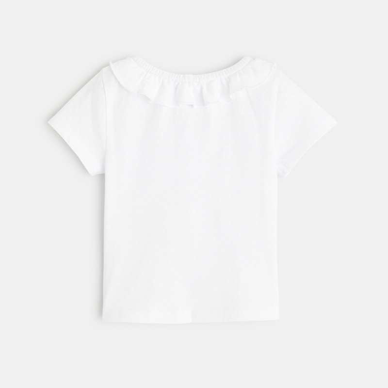 T-shirt col volanté maille fantaisie blanc bébé fille