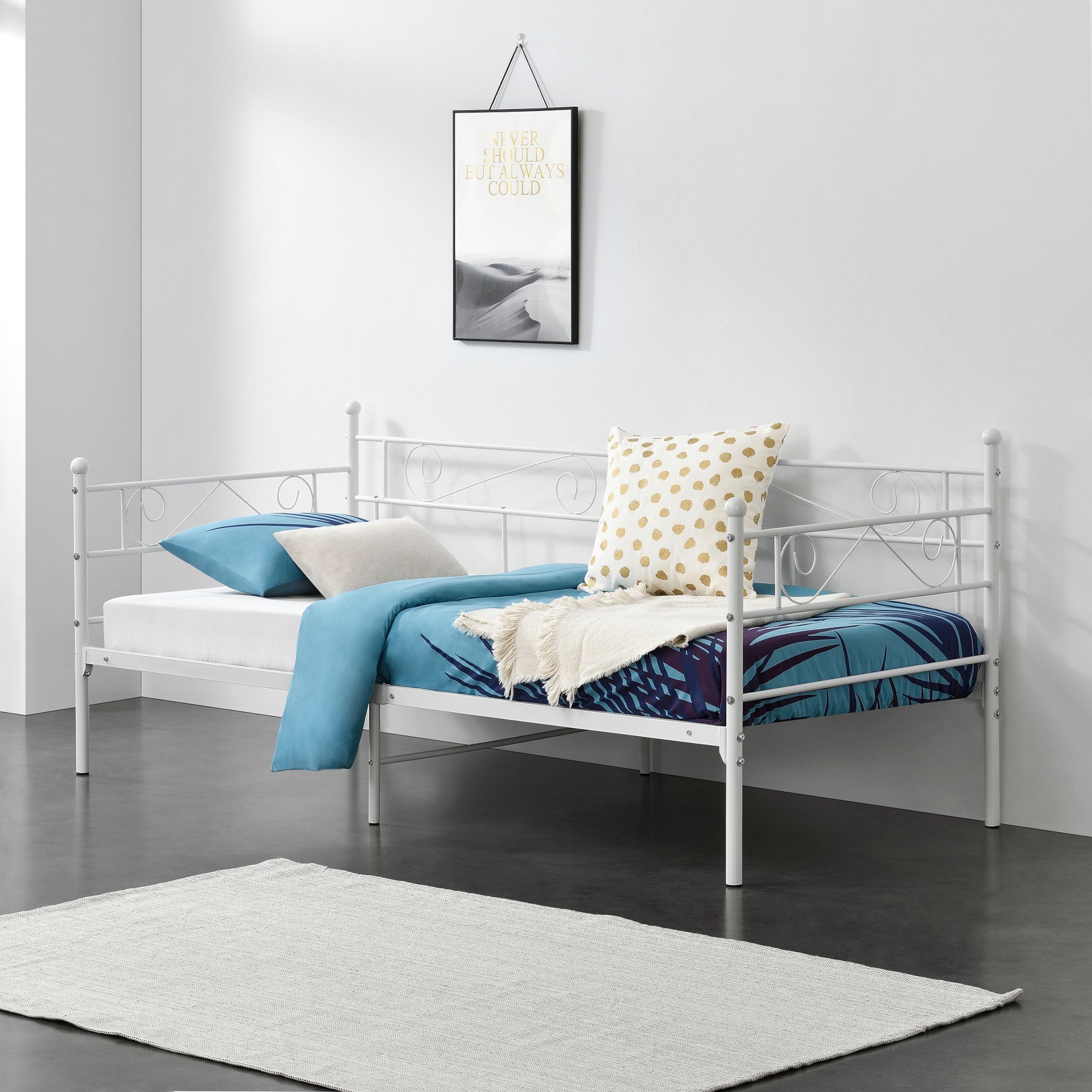 en.casa Metallbett, Kerava Bettsofa mit Lattenrost Tagesbett 90x200cm Stahl Weiß