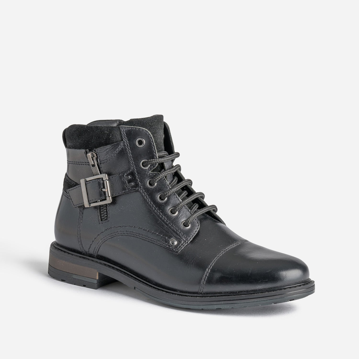 Bottine noire en cuir décor zip et boucle