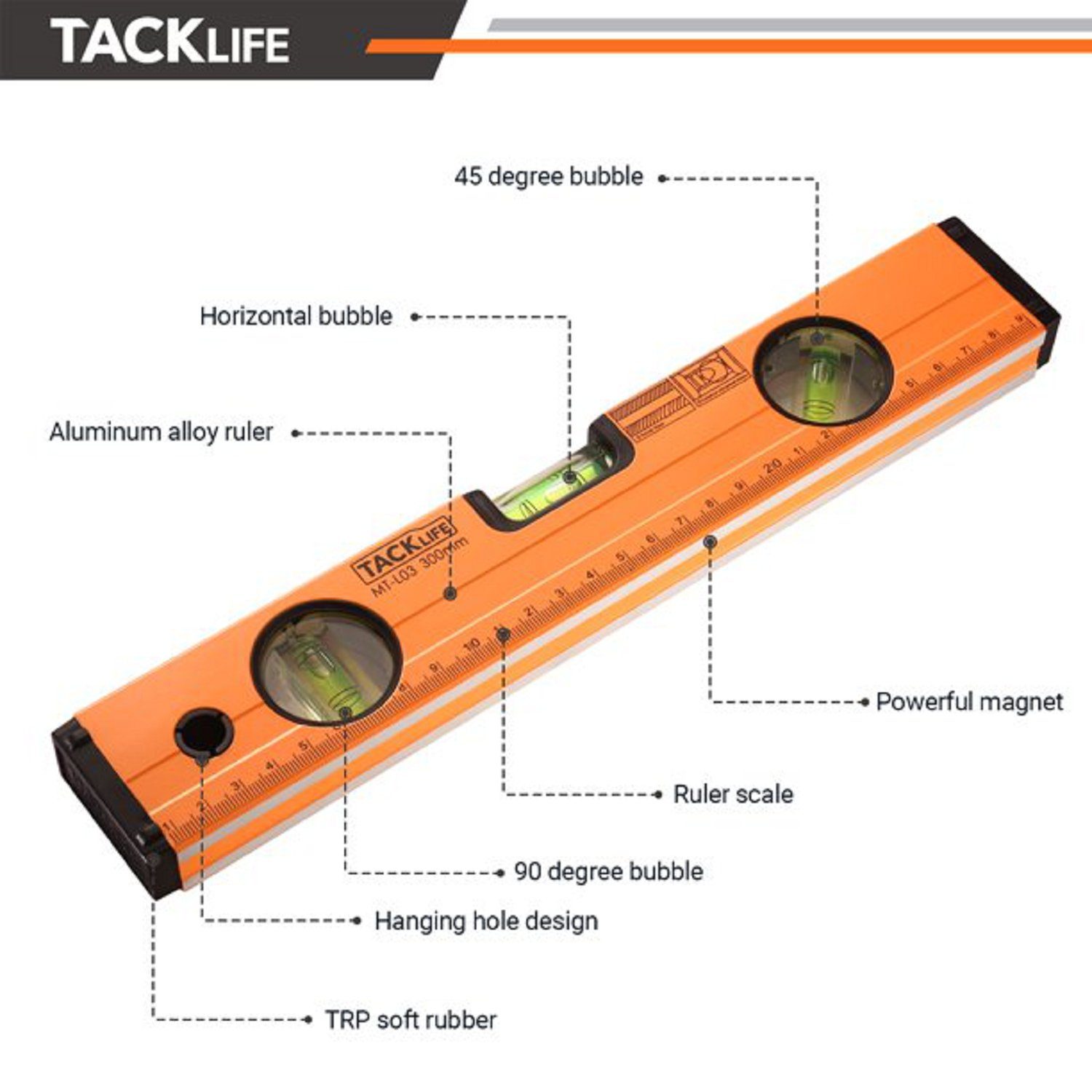 TACKLIFE Wasserwaage, 300mm Röhrenlibelle mit 3 Messwegen und Magneten