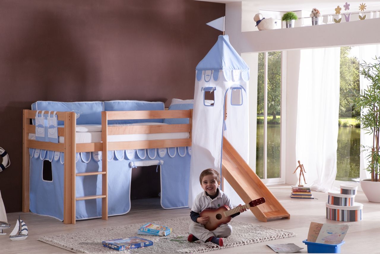 Relita Halbhohes Spielbett ALEX mit Rutsche/Turm Buche massiv natur lackiert mit Stoffset blau/boy