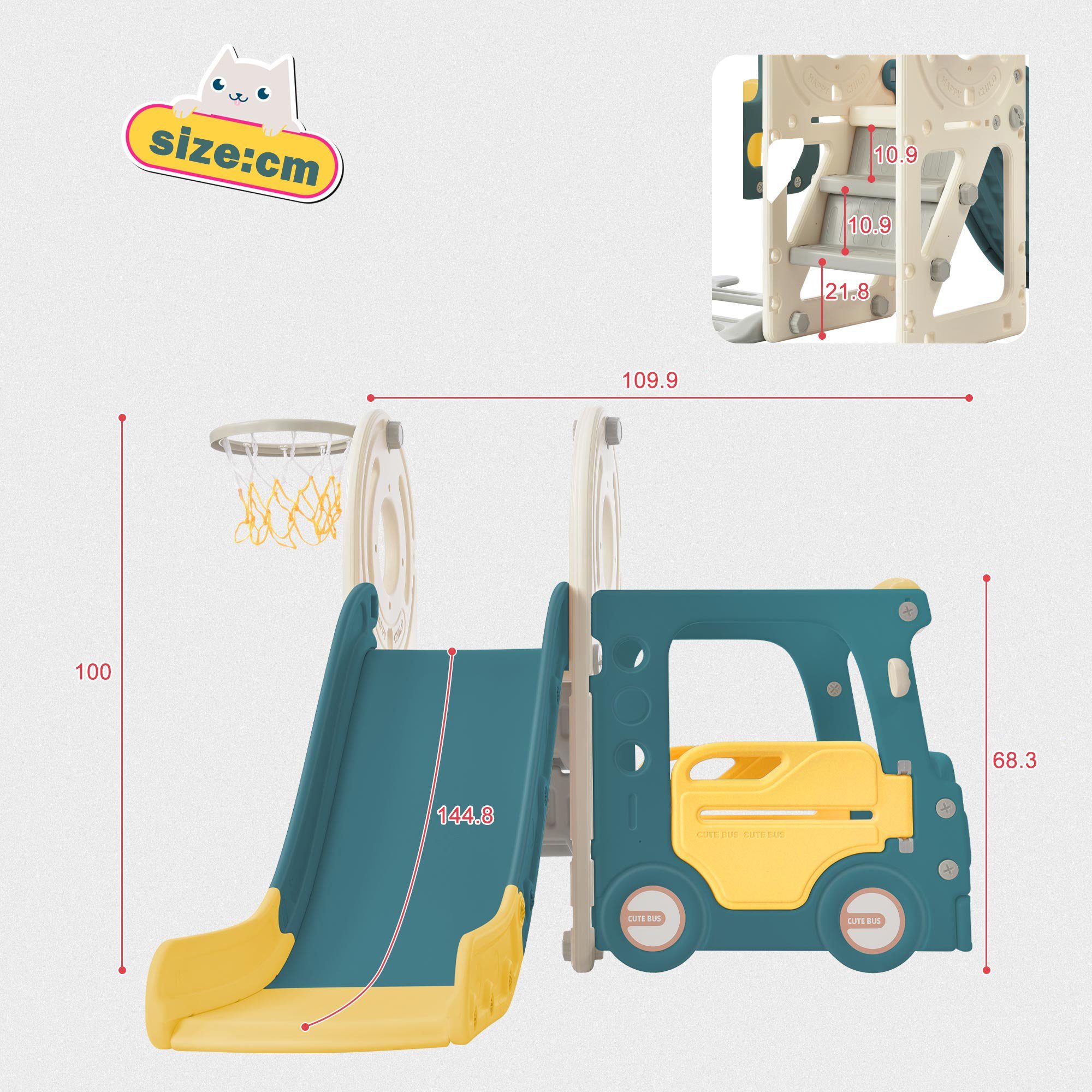 BlingBin Indoor-Rutsche 4-in-1-Kinderrutsche, (1-tlg., Für die Verwendung in Innenräumen), Bus, Rutsche, Aktivitätsleiter, Basketballkorb, passendem Basketball