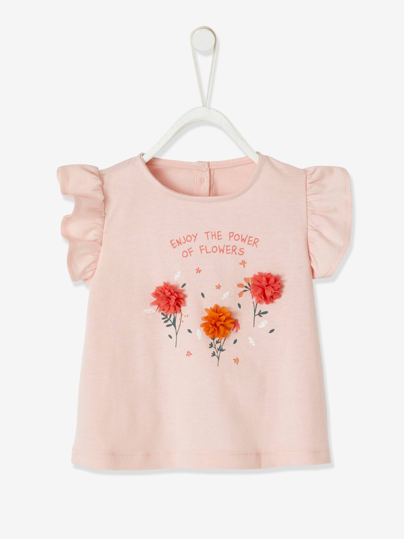 Vertbaudet Mädchen Baby T-Shirt, 3D-Blumen Oeko-Tex - wollweiß