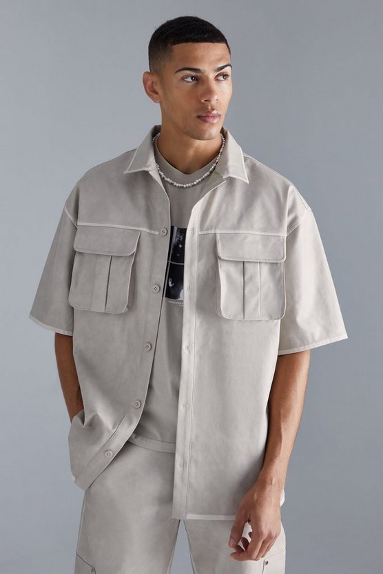 Kastiges Oversize PU-Hemd mit Acid-Waschung