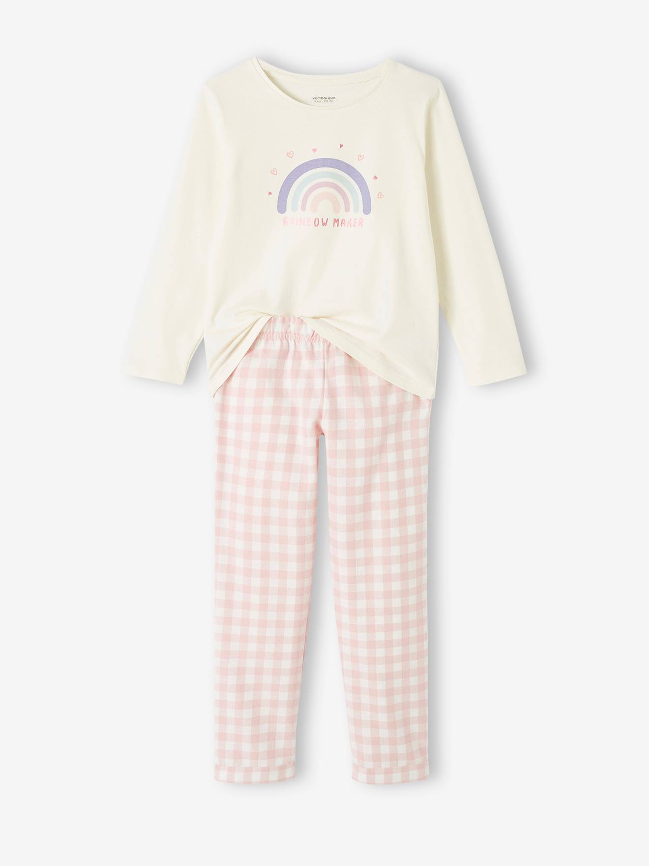 Vertbaudet Mädchen Schlafanzug mit Flanellhose, Regenbogen - rosa