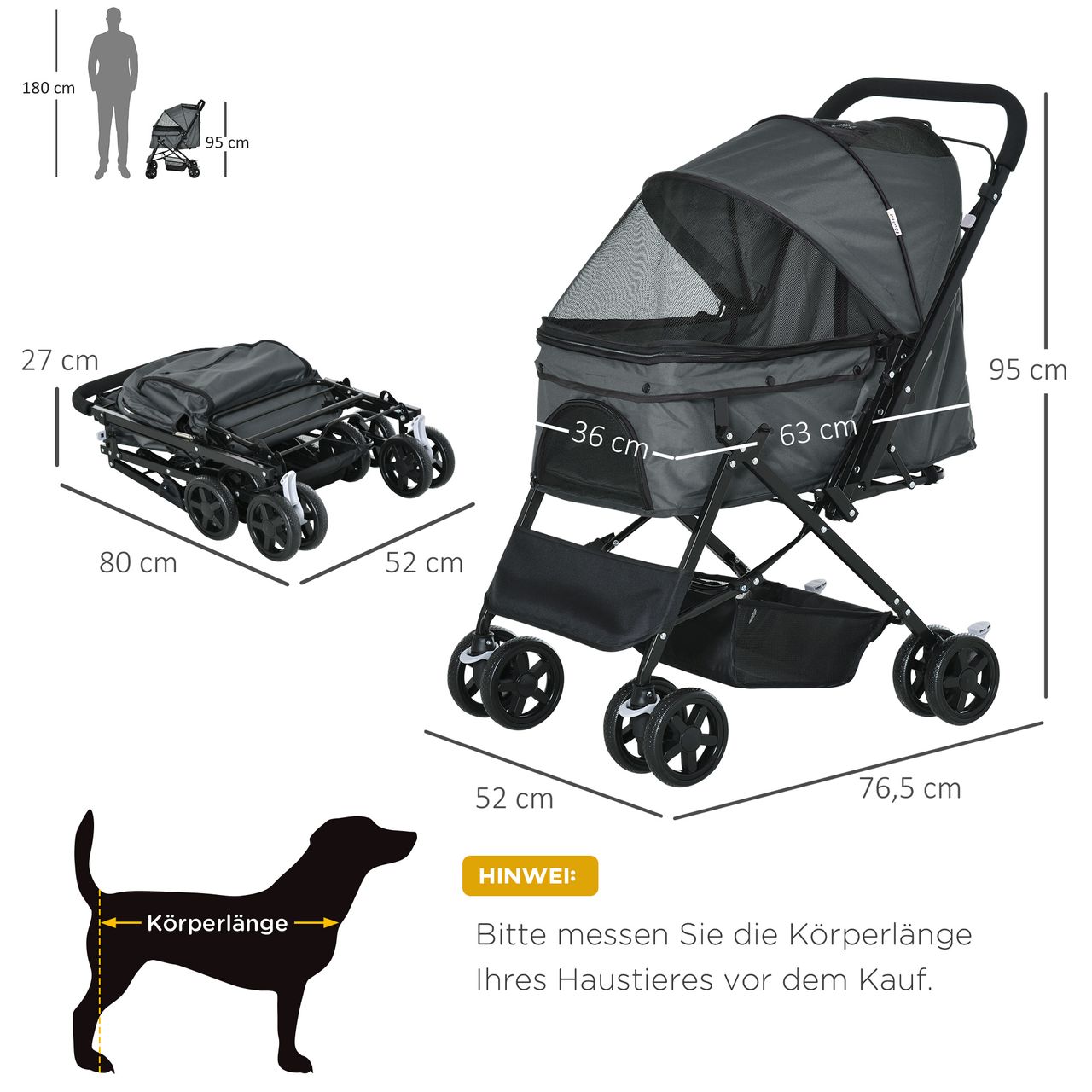 PawHut Hundebuggy Hundewagen für kleine Hunde Katzen Pet Stroller Oxford Grau