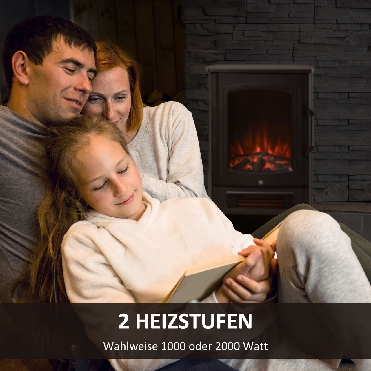 HOMCOM Elektrokamin mit Flammeneffekt Thermostat 1000 W/2000 W 20–25 qm Schwarz