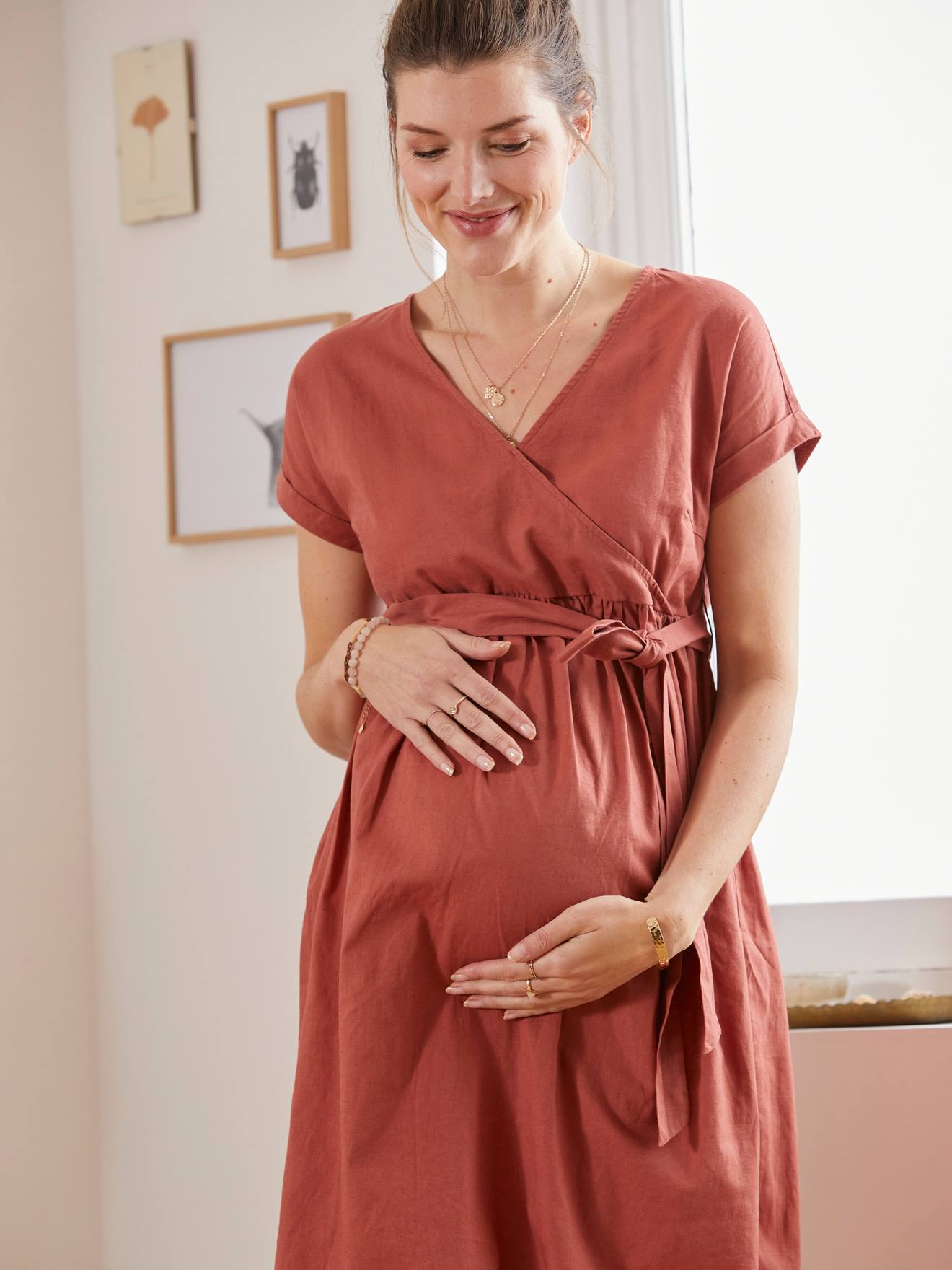 Robe longue cache-coeur lin et coton grossesse et allaitement rouge