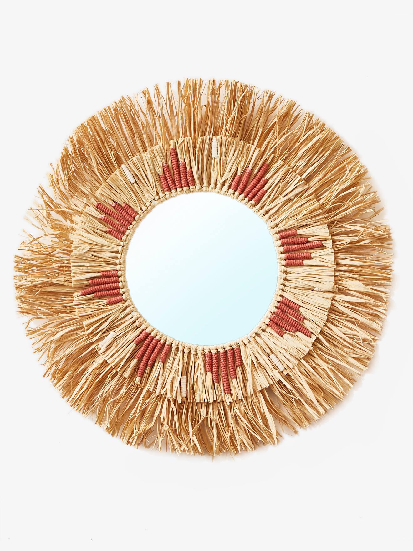 Miroir rond raphia beige / rose