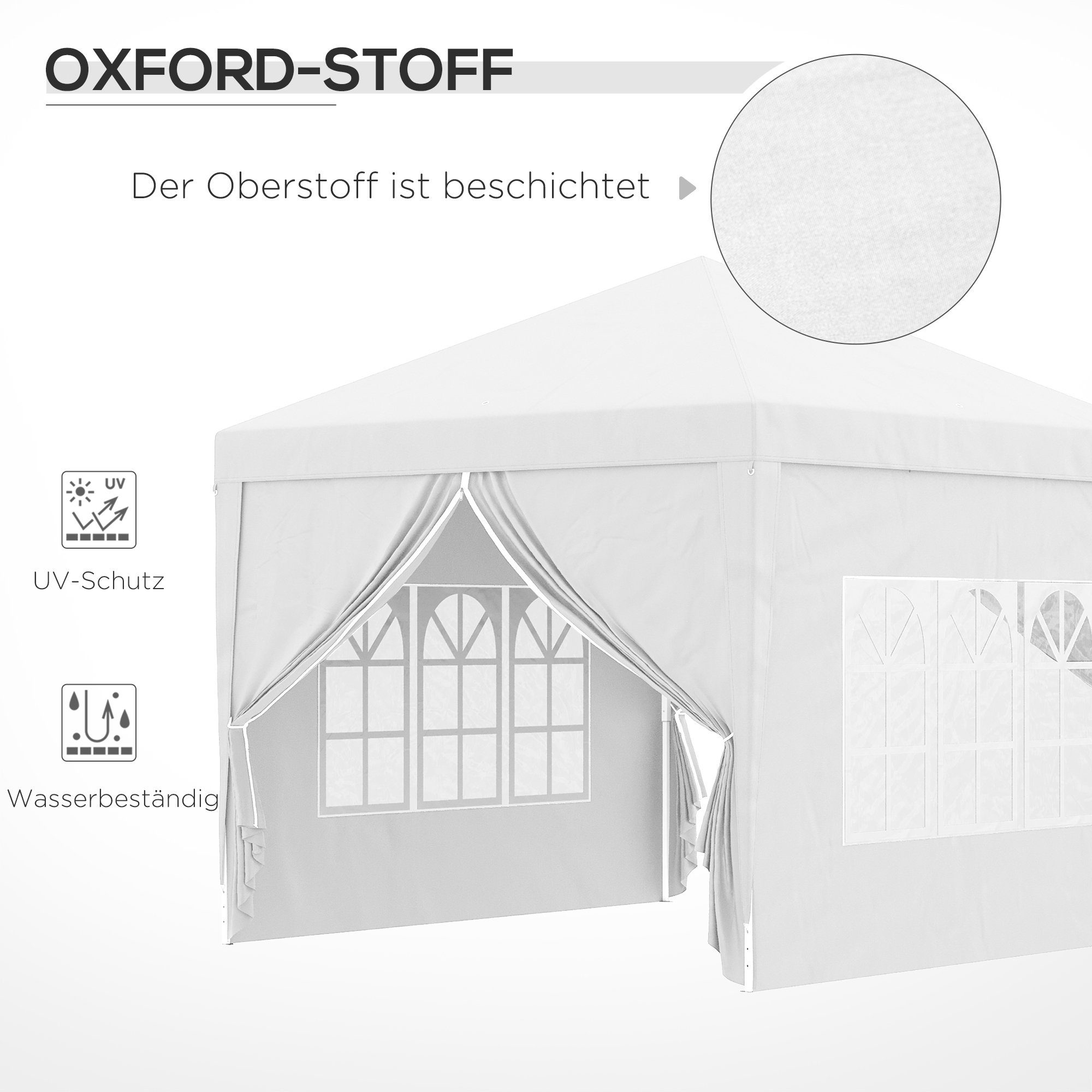 Outsunny Faltpavillon ca. 3 x 3 m Pavillon Partyzelt, Bierzelt mit 4 Seitenwänden, Fenster, mit 4 Seitenteilen, (Gartenzelt, Festzelt), für Garten, Terrasse, Stahl Oxford, Weiß