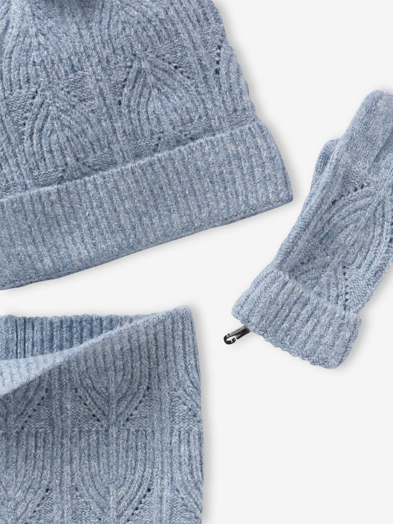 Vertbaudet Mädchen Strick-Set: Mütze, Rundschal & Handschuhe, Zopfmuster - graublau