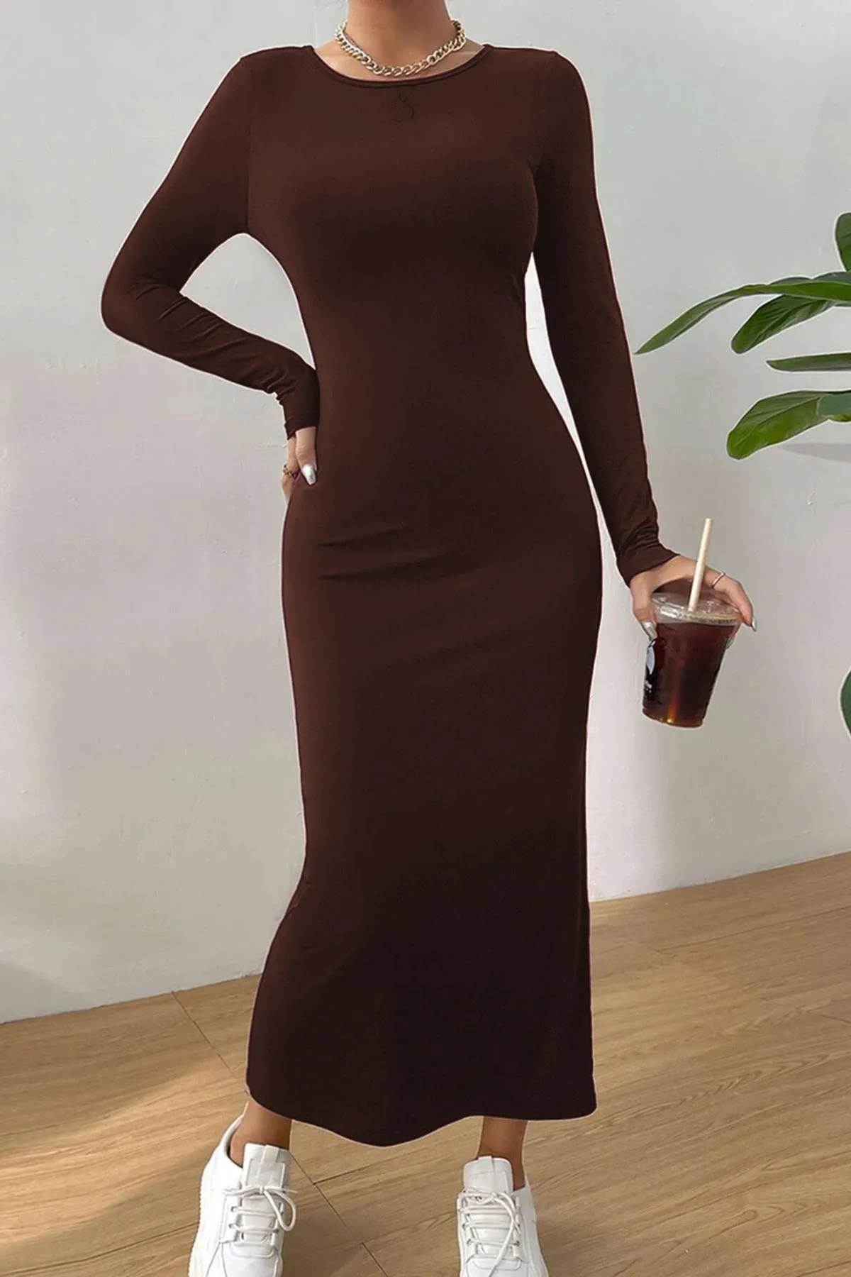 Madmext  Bitter Brown Basic Half Fisherman Langarmkleid MG1947