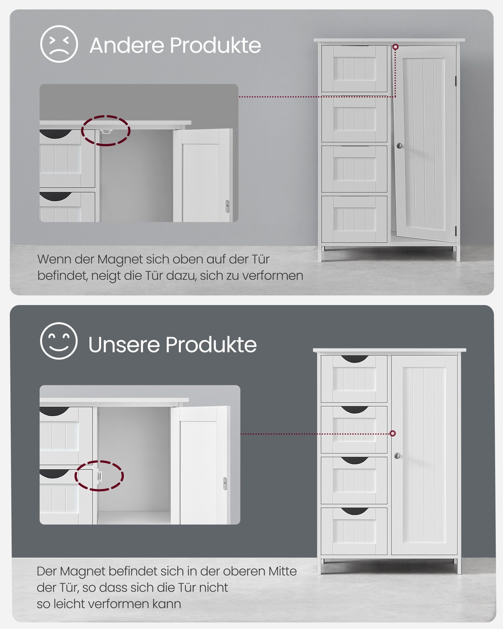VASAGLE Badmöbel-Set Badezimmerschrank, 4 Schubladen, verstellbare Ablage