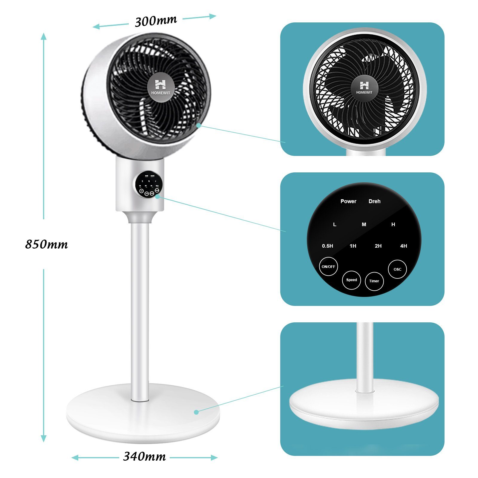 Homewit Standventilator 35W 30dB leise Ventilator 3D Luftumwälzung mit Timer und Fernbedienung, Für Fitnessstudio Schlafzimmer Wohnzimmer