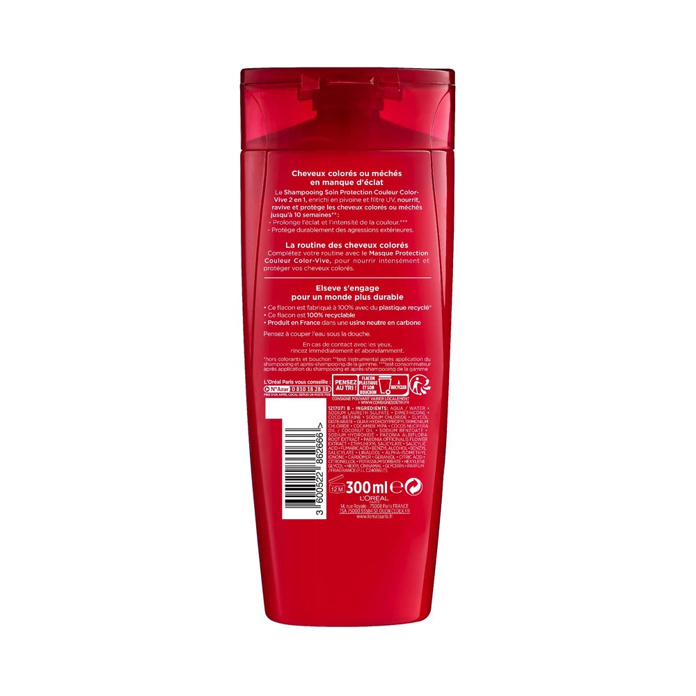 L'Oréal Paris Elseve Color-Vive Shampoing 2 en 1 Soin et protection couleur enrichi en pivoine et filtre uv