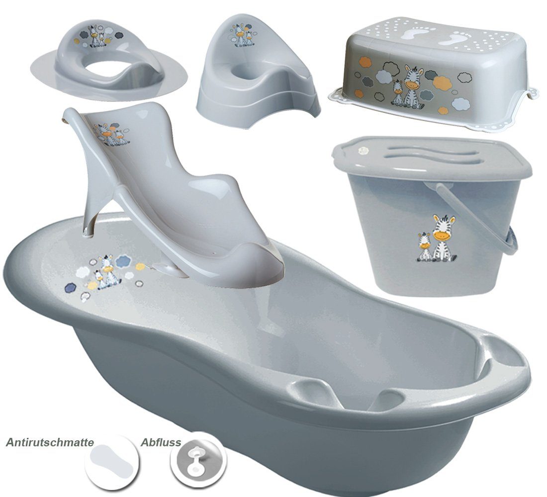 Maltex Babybadewanne 6 Teile SET - Zebra Grau - - Badeset Baby Wanne 84 cm, (Premium.set 6 tlg), = WANNE + SITZ + TÖPFCHEN + WC AUFSATZ + EIMER + HOCKER