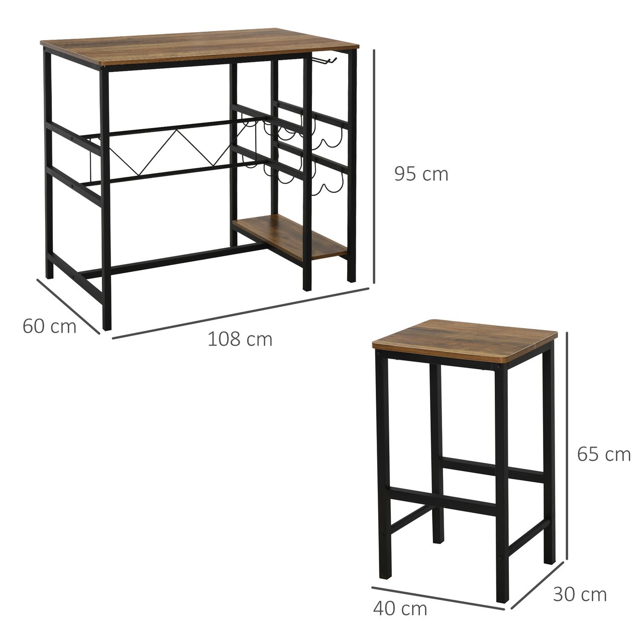 HOMCOM Bartisch-Set, Stehtisch mit 2 Barhockern, 3-teiliges Tischset Küchentresen mit Flaschenhalterung Spanplatte, Stahl, Natur Schwarz, 108 x 60x 95H cm