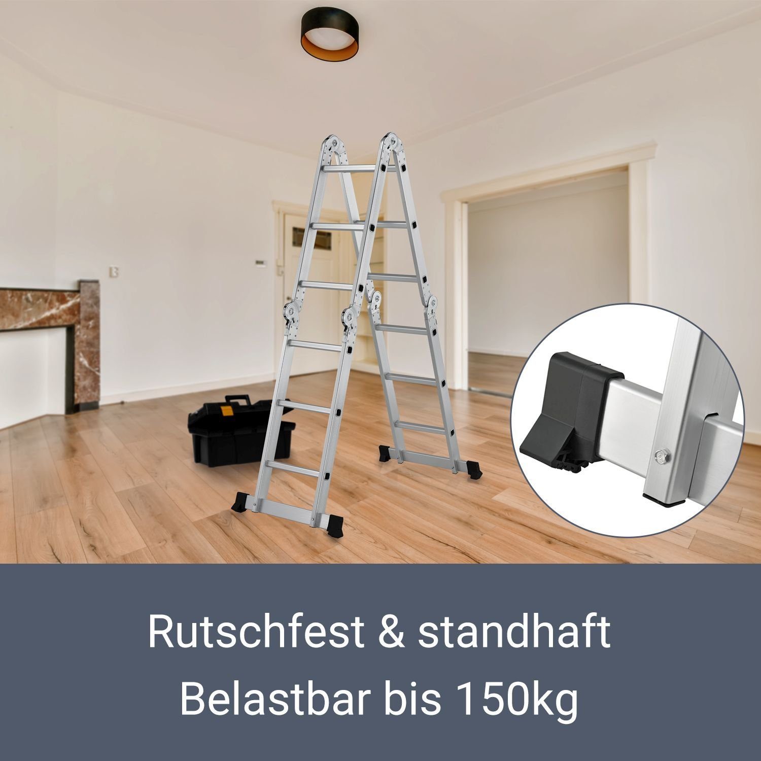 Juskys Vielzweckleiter Multifunktionsleiter, gummierte Standfüße, Gelenksystem, rutschfeste Trittfläche