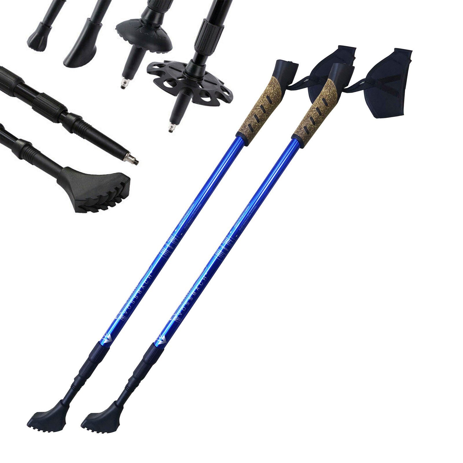 VOSSBACH Wanderstöcke Nordic Walking (1x Paar, Inkl. 12 Untergrund Aufsätze), Anti-Schock Federung