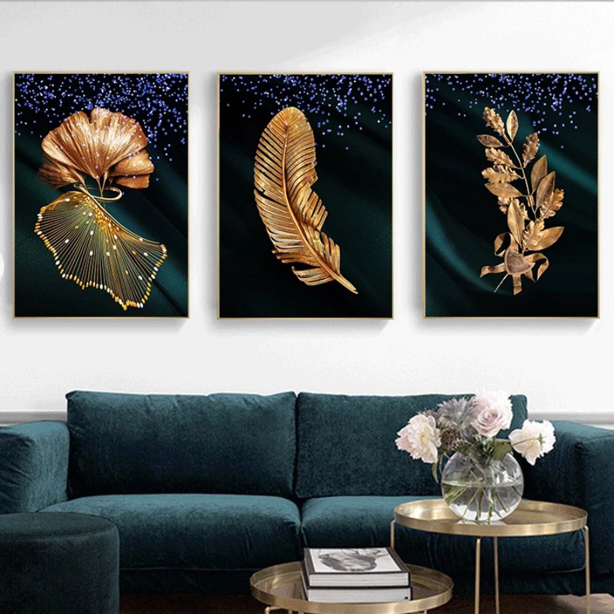 TPFLiving Kunstdruck (OHNE RAHMEN) Poster - Leinwand - Wandbild, Goldene Blätter - (Einzeln und im günstigen 3-er Set - Wanddeko Wohnzimmer), Farben: Gold, Schwarz - Größe: 10x15cm