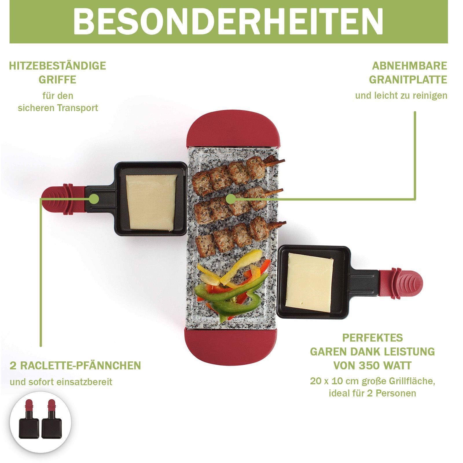 bmf-versand Raclette Raclette 2 Personen Tischgrill Elektrogrill Heißer Stein, 2 Raclettepfännchen, 350,00 W, Inklusive 2 Pfännchen, Ein-/Ausschalter, Naturgrillstein