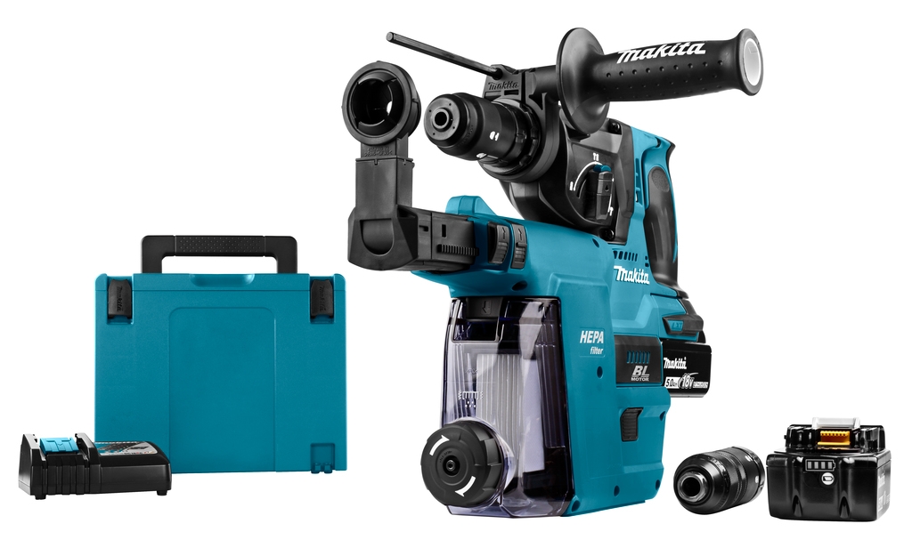 Makita DHR243RTJW Kombihammer, 18 Volt, 5,0 Ah Li-Ion-Akku + DX07 integrierte Staubabsaugung mit HEPA-Filter