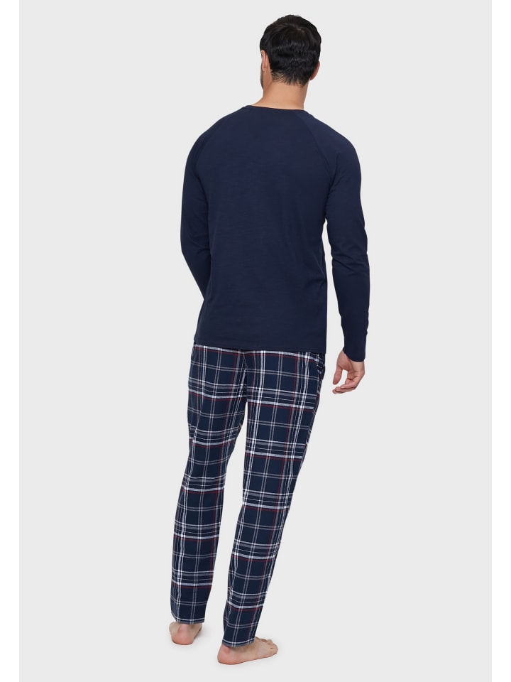 Threadbare Schlafanzug Monk PJ Set in Navy Slub/Navy/Red Check günstig kaufen