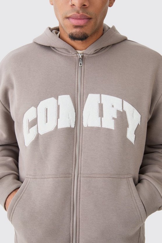 Kastiger Oversize Hoodie mit Reißverschluss und Borg-Applikation