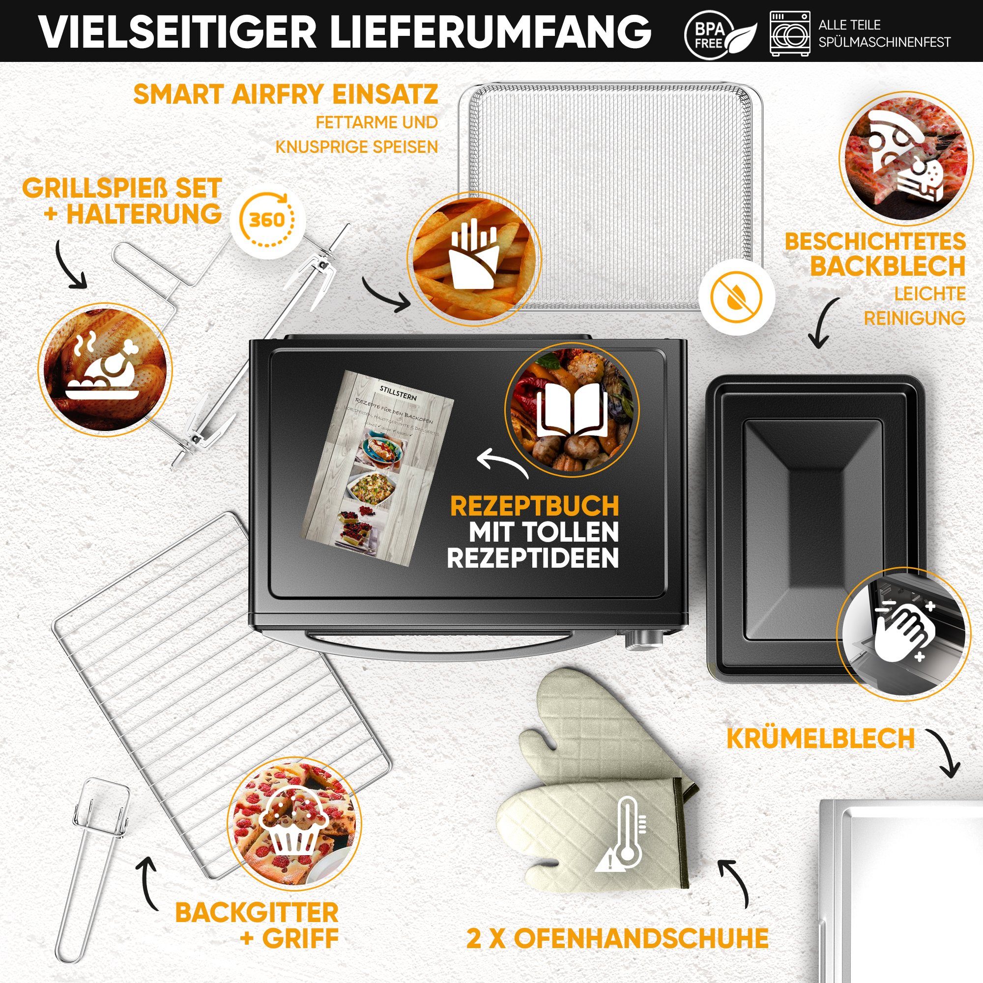 Stillstern Minibackofen MB45-MX 2G (45L) Deutsche Version, Ofenhandschuhe, Rezeptheft, Drehspieß, Timer, Innenbeleuchtung