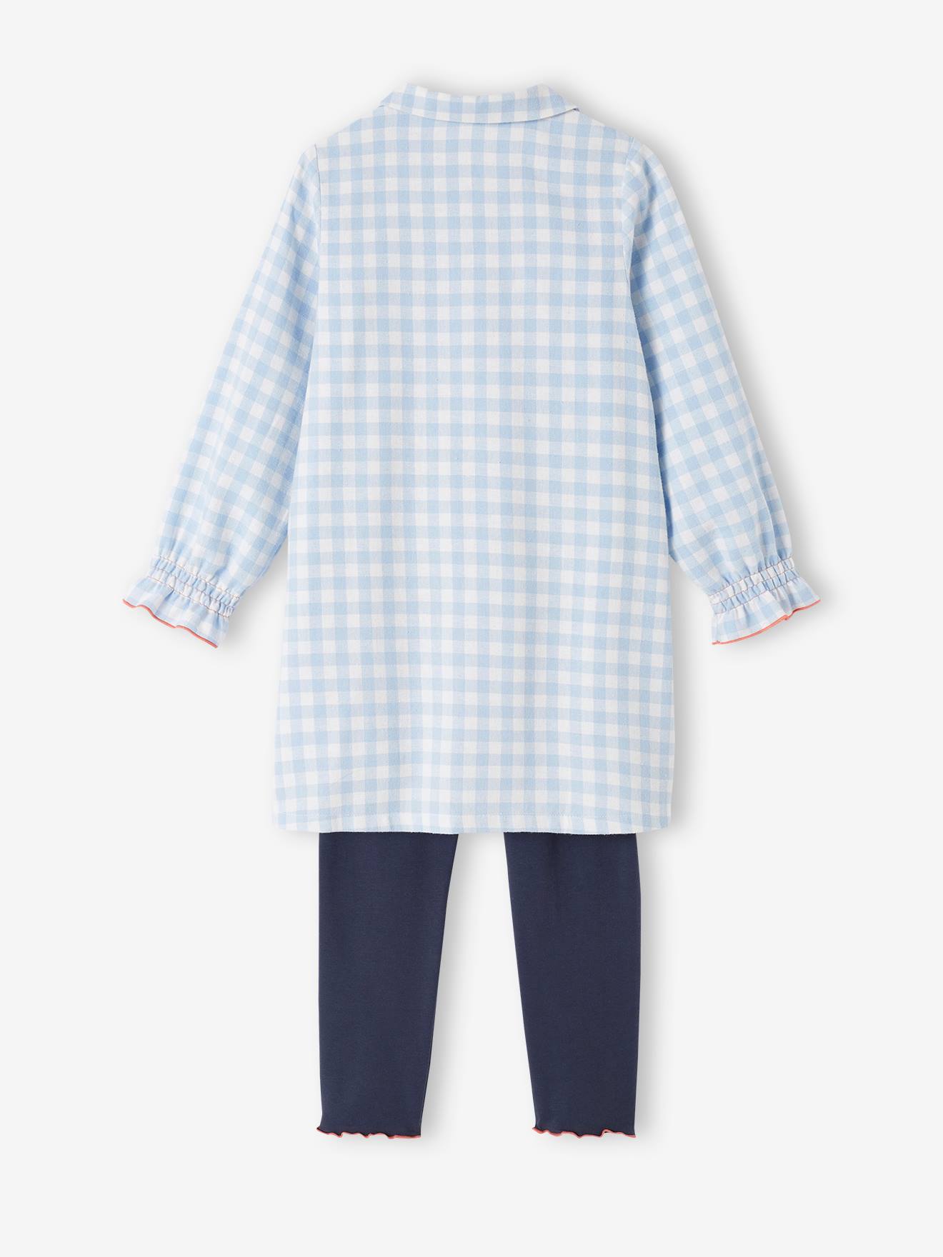 Chemise de nuit vichy en flanelle + legging uni carreaux bleu
