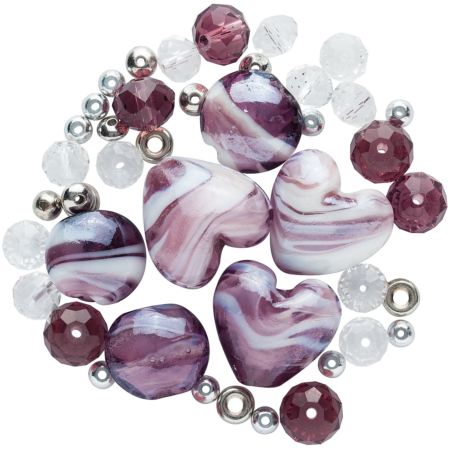 Perlenmix,lila-weiß-silber, 5–20 mm, 45 Stück