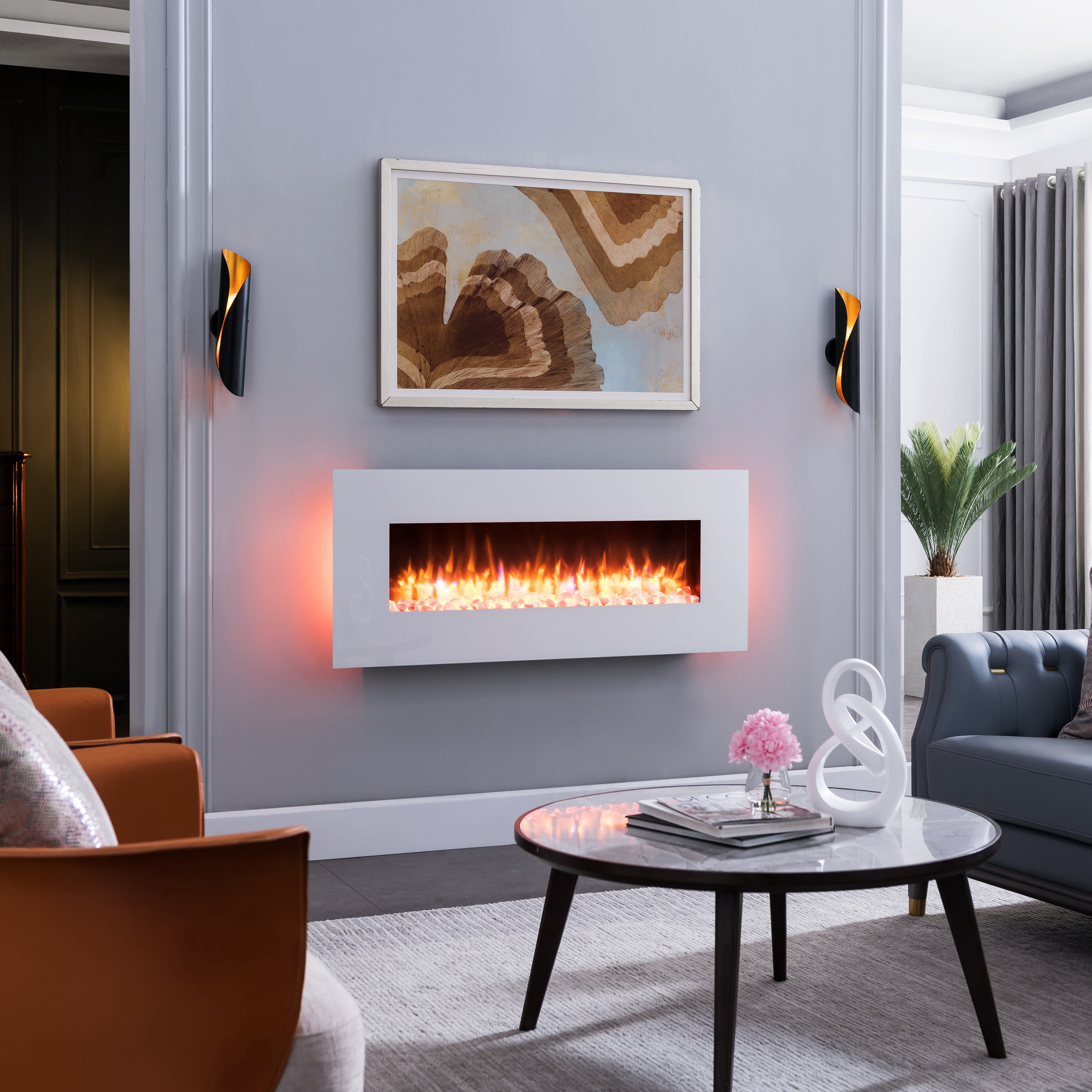 RICHEN Elektrokamin Yoash, Wandkamin mit Heizung 2000W, 3D-Flammeneffekt, LED-Beleuchtung, Fernbedienung, Timer, Thermostat