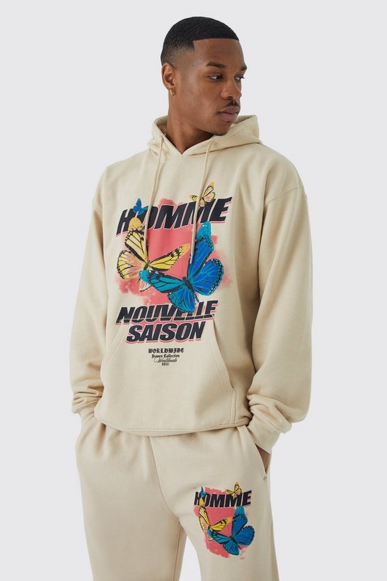 Oversize Homme Trainingsanzug mit Kapuze und Schmetterlings-Print