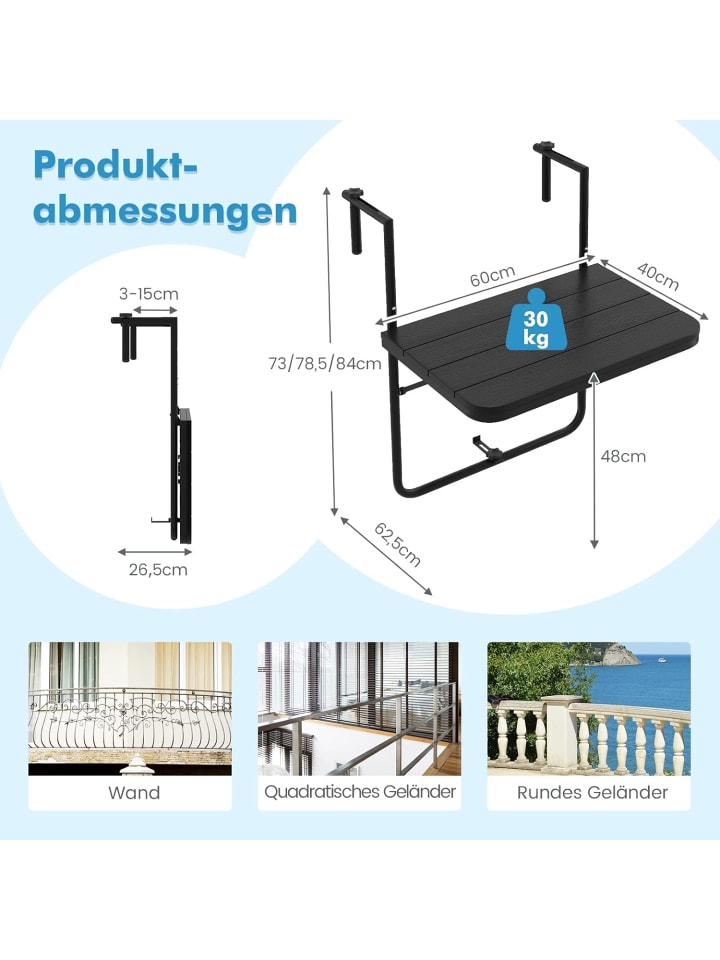 COSTWAY Balkonhängetisch 60x40cm in Schwarz günstig kaufen onesize