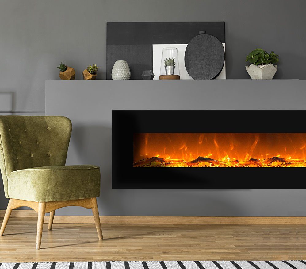 GLOW FIRE Elektrokamin Saturn schwarz Wandkamin elektrisch mit Heizung, Elektrischer Kamin mit Fernbedienung, Timer, 3 Dekorationen, LED Feuer